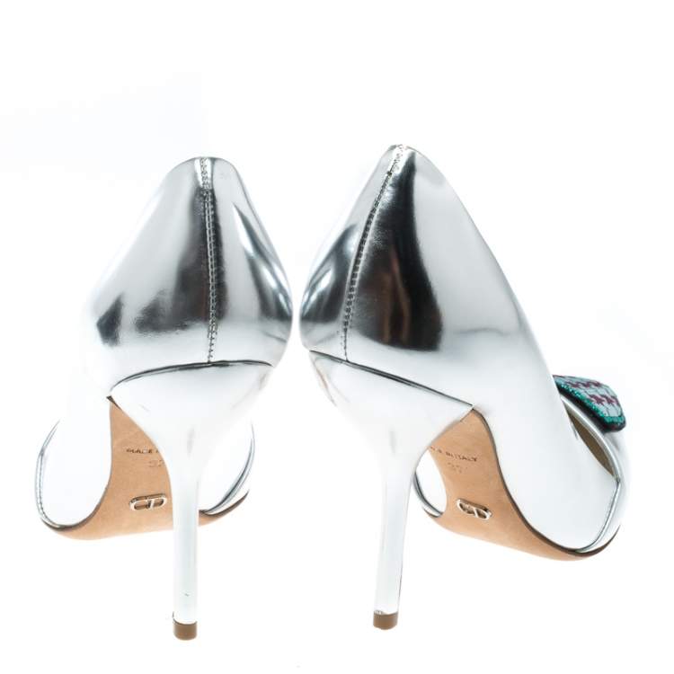 Pre Owned Dior Silver Leather and Sequin Pointed Toe Pumps Size 37