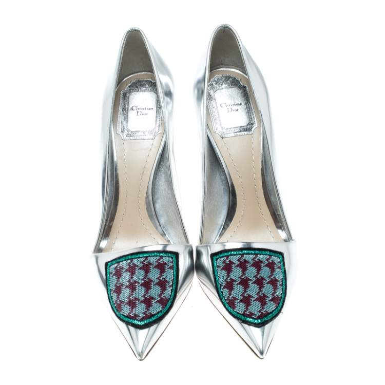Pre Owned Dior Silver Leather and Sequin Pointed Toe Pumps Size 37