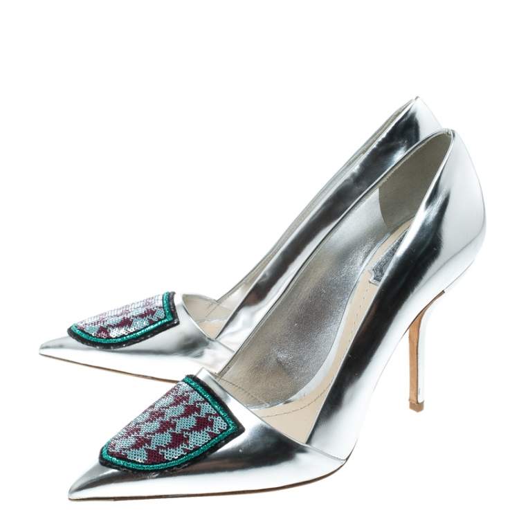 Pre Owned Dior Silver Leather and Sequin Pointed Toe Pumps Size 37