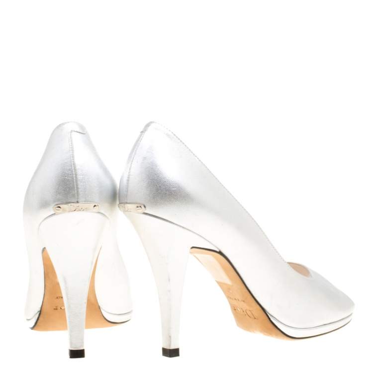 Pre Owned Dior Metallic Silver Leather Peep Toe Pumps Size 37