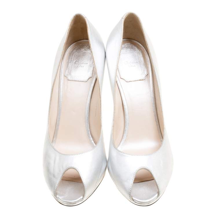 Pre Owned Dior Metallic Silver Leather Peep Toe Pumps Size 37