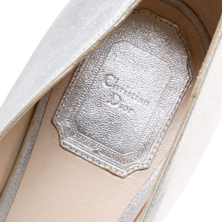 Pre Owned Dior Metallic Silver Leather Peep Toe Pumps Size 37
