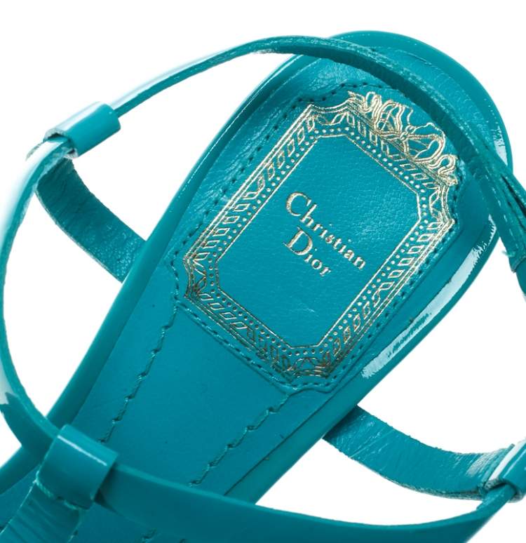 Pre Owned Dior Jade Green Patent Leather T Strap Espadrille Platform Sandals Size 36