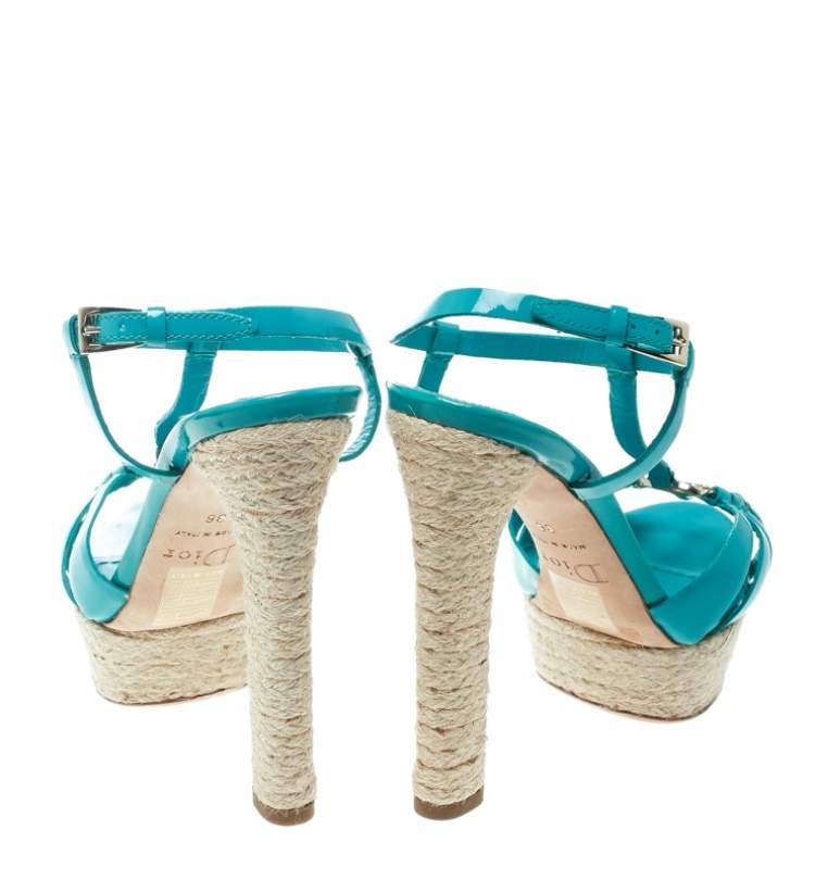 Pre Owned Dior Jade Green Patent Leather T Strap Espadrille Platform Sandals Size 36