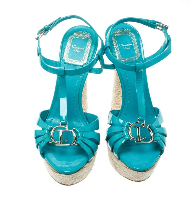 Pre Owned Dior Jade Green Patent Leather T Strap Espadrille Platform Sandals Size 36
