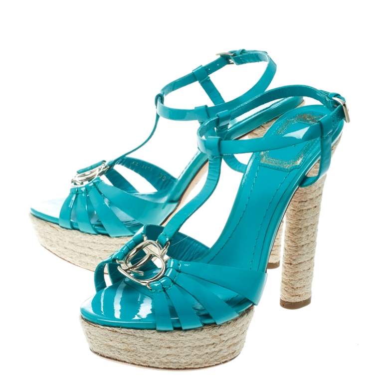 Pre Owned Dior Jade Green Patent Leather T Strap Espadrille Platform Sandals Size 36