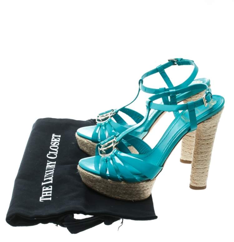 Pre Owned Dior Jade Green Patent Leather T Strap Espadrille Platform Sandals Size 36