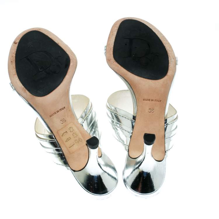 Pre Owned Dior Metallic Silver Leather T Strap Slide Sandals Size 36