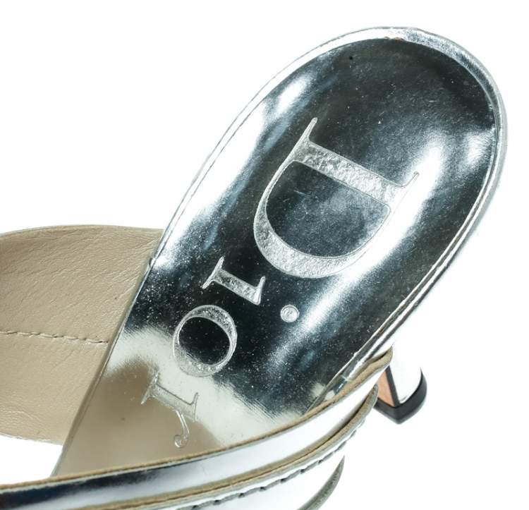 Pre Owned Dior Metallic Silver Leather T Strap Slide Sandals Size 36