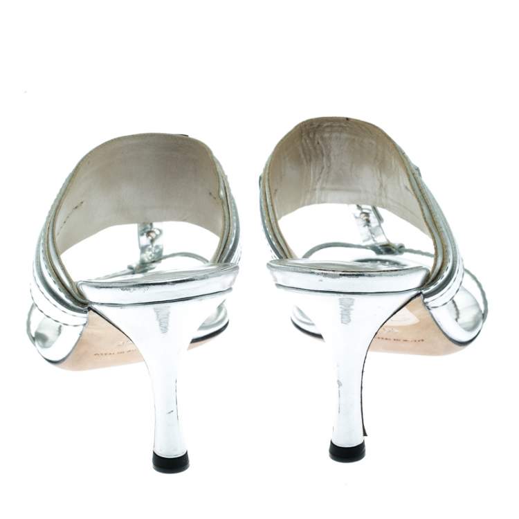 Pre Owned Dior Metallic Silver Leather T Strap Slide Sandals Size 36