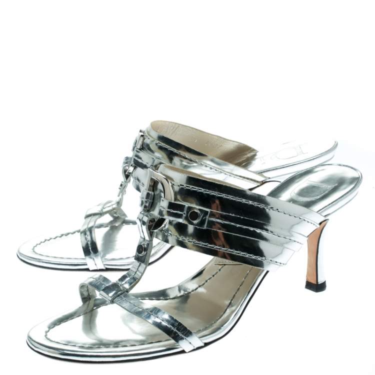 Pre Owned Dior Metallic Silver Leather T Strap Slide Sandals Size 36