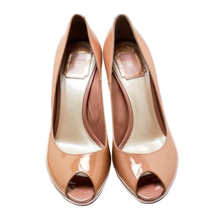 Pre Owned Dior Beige Patent Leather Miss Dior Peep Toe Platform Pumps Size 38.5