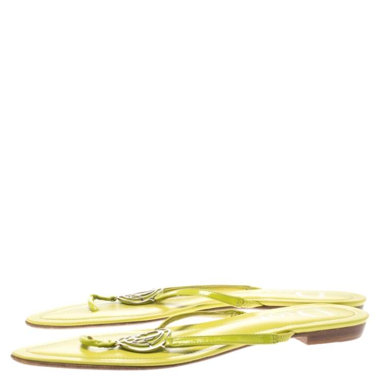 Pre Owned Dior Green Patent Leather Logo Detail Thong Flat Sandals Size 38.5
