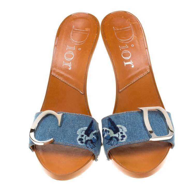 Pre Owned Dior Light Wash Denim Butterfly Embroidery Open Toe Slides Size 38.5