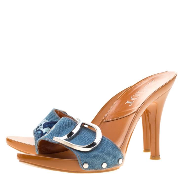 Pre Owned Dior Light Wash Denim Butterfly Embroidery Open Toe Slides Size 38.5