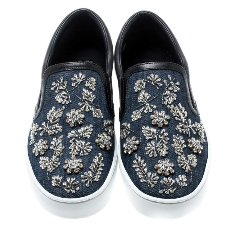 Pre Owned Dior Indigo Crystal Embellished Dark Wash Denim And Leather Happy Slip On Sneakers Size 37.5