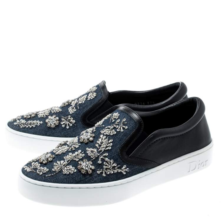 Pre Owned Dior Indigo Crystal Embellished Dark Wash Denim And Leather Happy Slip On Sneakers Size 37.5