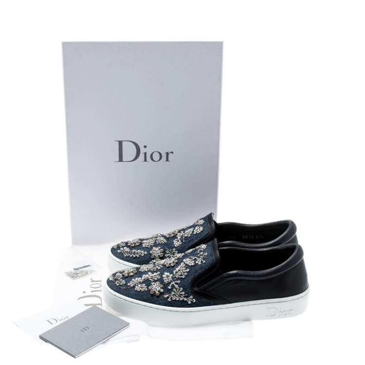Pre Owned Dior Indigo Crystal Embellished Dark Wash Denim And Leather Happy Slip On Sneakers Size 37.5