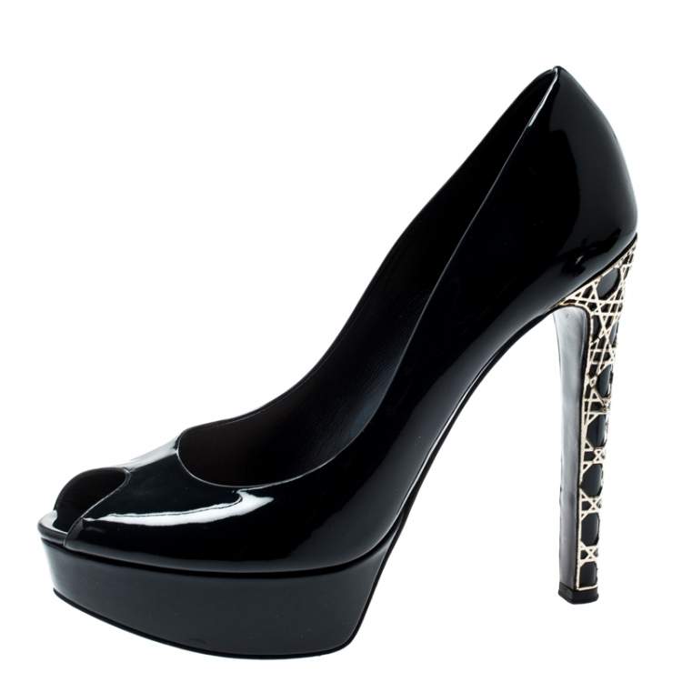 Pre Owned Dior Navy Blue Patent Leather Peep Toe Cannage Heel Platform Pumps Size 38.5