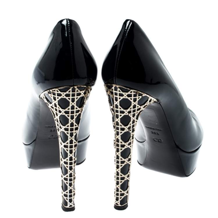 Pre Owned Dior Navy Blue Patent Leather Peep Toe Cannage Heel Platform Pumps Size 38.5