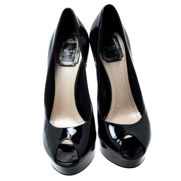 Pre Owned Dior Navy Blue Patent Leather Peep Toe Cannage Heel Platform Pumps Size 38.5