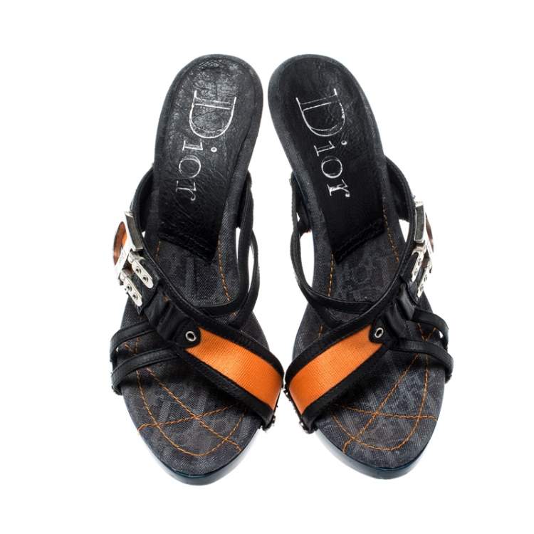 Pre Owned Dior Dark Blue Leather And Fabric Trim Buckle Detail Cross Strap Sandals Size 37