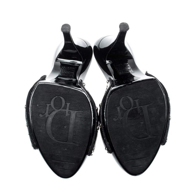 Pre Owned Dior Black Quilted Patent Leather Buckle Detail Open Toe Slide Sandals Size 37.5