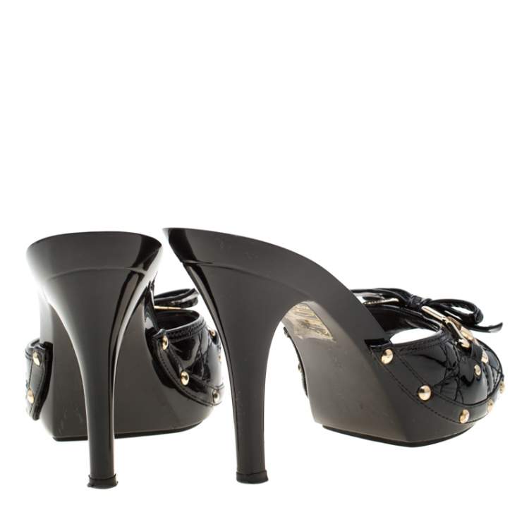 Pre Owned Dior Black Cannage Patent Leather Bow Slides Size 38