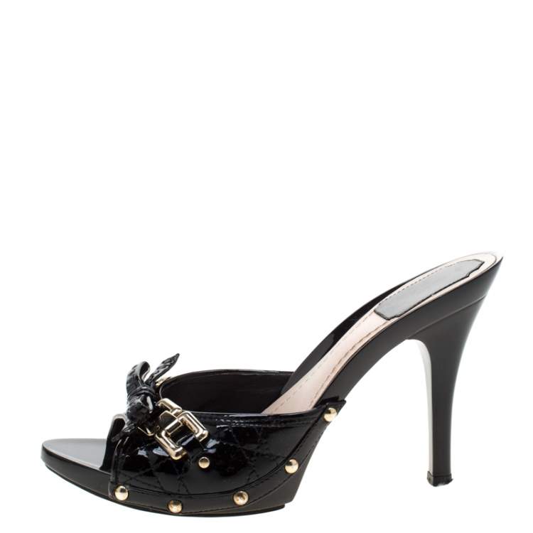 Pre Owned Dior Black Cannage Patent Leather Bow Slides Size 38