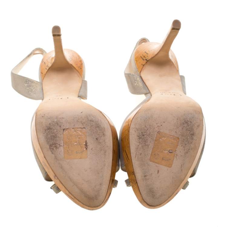 Pre Owned Dior Grey/Gold Textured Suede Bow Detail Platform Slingback Sandals Size 38