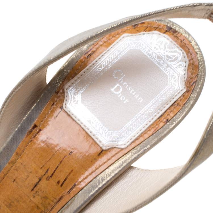 Pre Owned Dior Grey/Gold Textured Suede Bow Detail Platform Slingback Sandals Size 38
