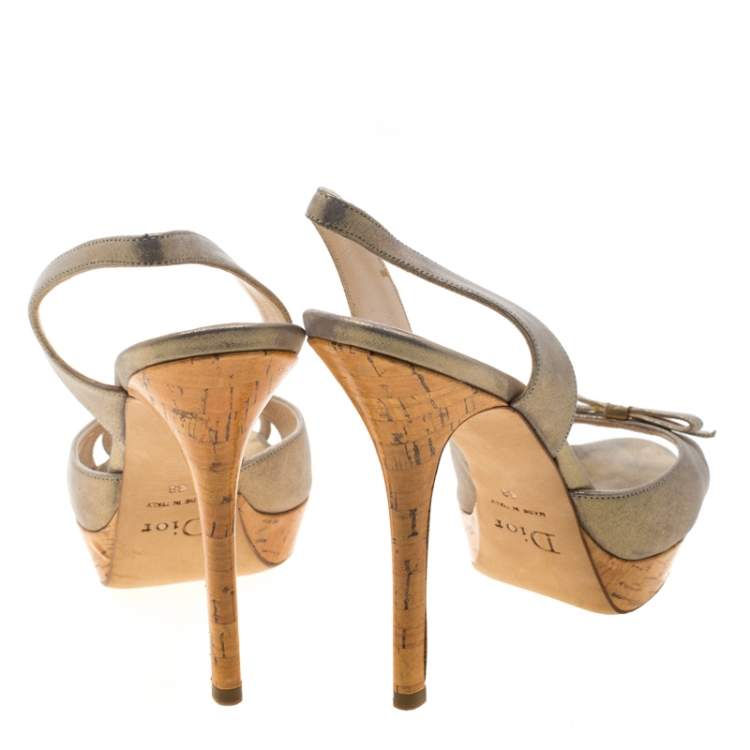 Pre Owned Dior Grey/Gold Textured Suede Bow Detail Platform Slingback Sandals Size 38