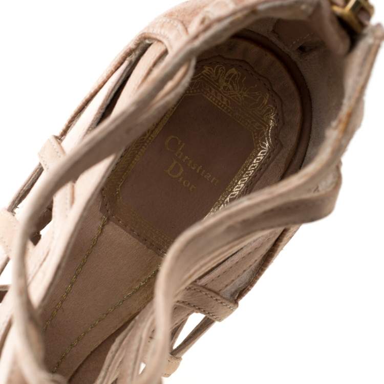 Pre Owned Dior Beige Satin And Suede Cut Out Open Toe Platform Sandals Size 37