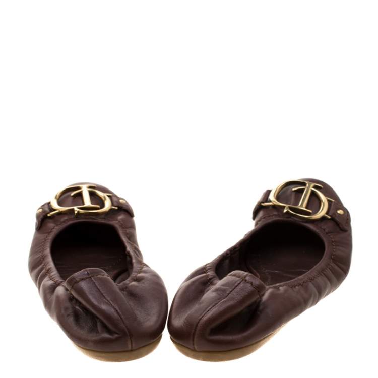 Pre Owned Dior Brown Leather Logo Scrunch Ballet Flats Size 35 