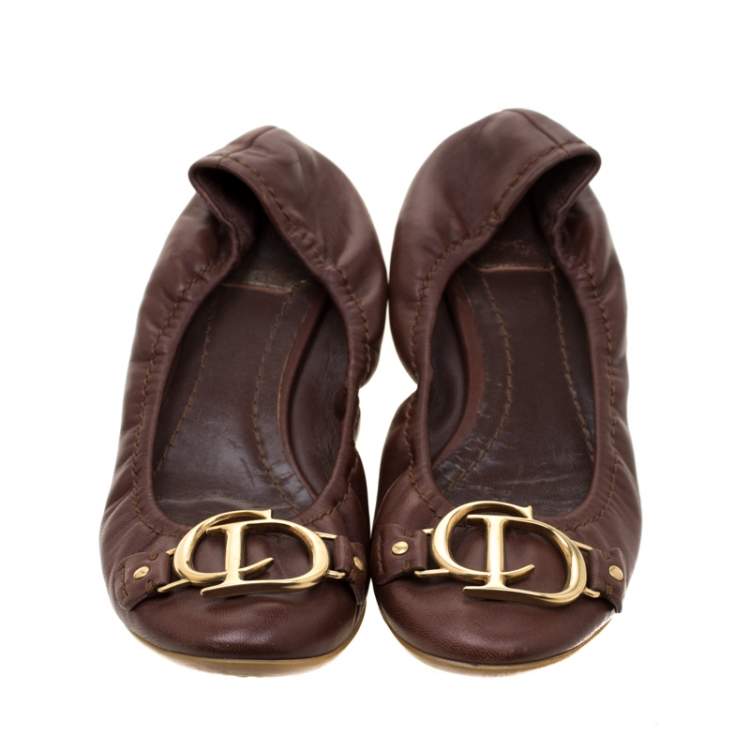 Pre Owned Dior Brown Leather Logo Scrunch Ballet Flats Size 35 