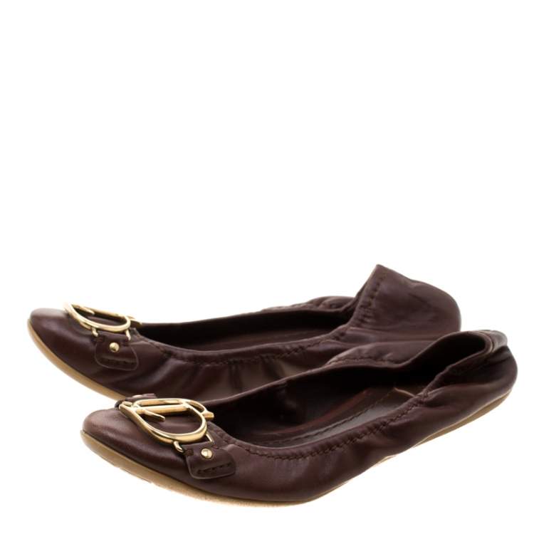 Pre Owned Dior Brown Leather Logo Scrunch Ballet Flats Size 35 