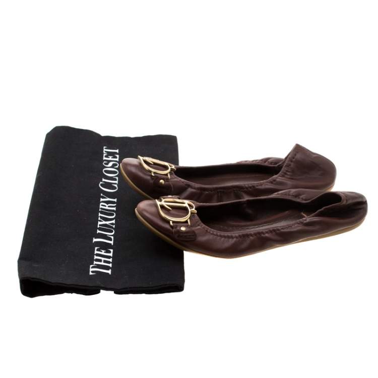Pre Owned Dior Brown Leather Logo Scrunch Ballet Flats Size 35 