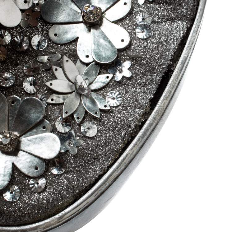 Pre Owned Dior Metallic Silver Glitter Leather Dior Happy Floral Embellished Slip On Sneakers Size 39