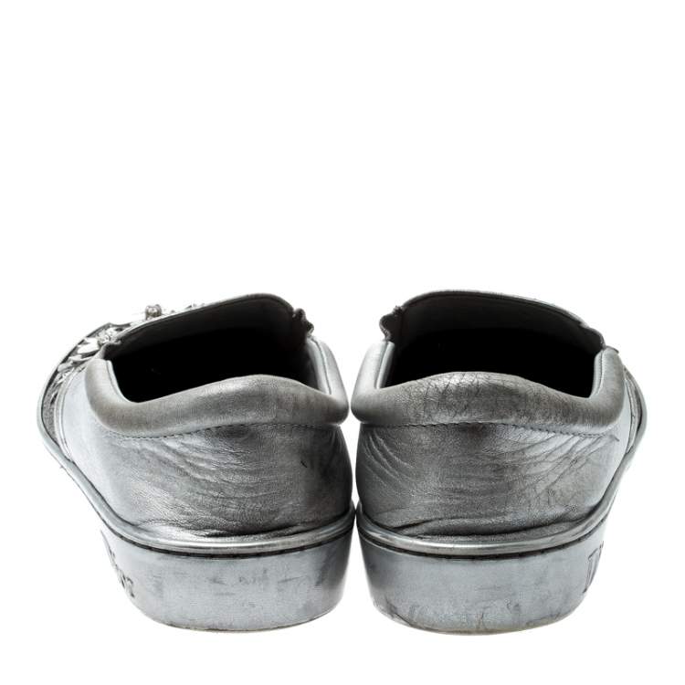 Pre Owned Dior Metallic Silver Glitter Leather Dior Happy Floral Embellished Slip On Sneakers Size 39