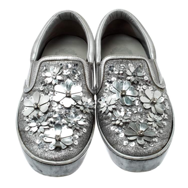 Pre Owned Dior Metallic Silver Glitter Leather Dior Happy Floral Embellished Slip On Sneakers Size 39