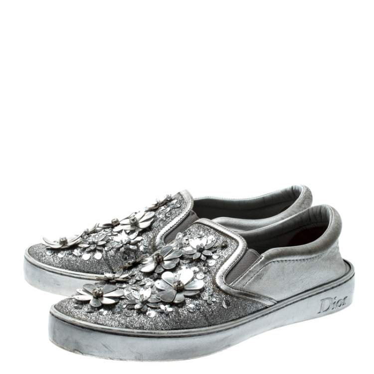 Pre Owned Dior Metallic Silver Glitter Leather Dior Happy Floral Embellished Slip On Sneakers Size 39