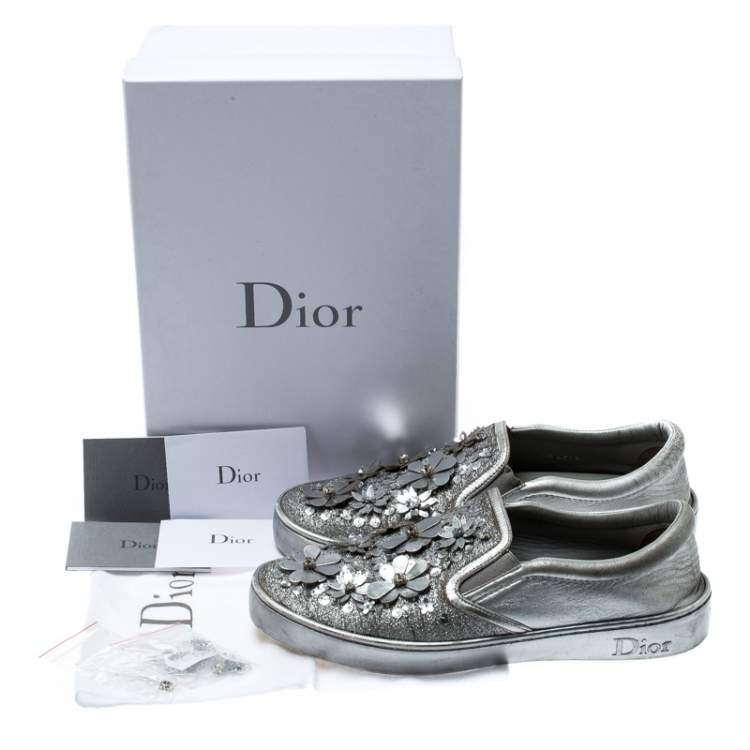 Pre Owned Dior Metallic Silver Glitter Leather Dior Happy Floral Embellished Slip On Sneakers Size 39