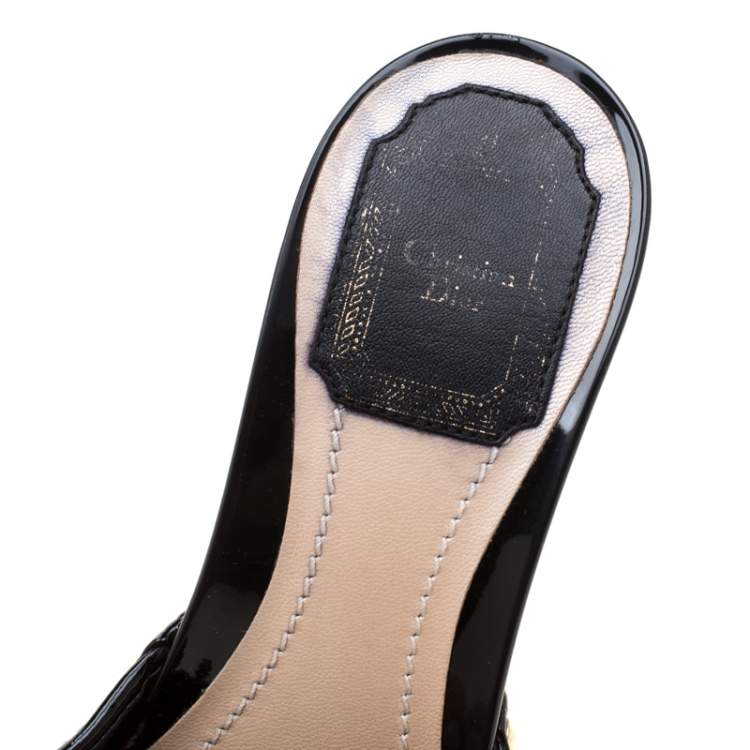 Pre Owned Dior Black Cannage Quilted Patent Leather Bow Detail Peep Toe Sandals Size 38.5
