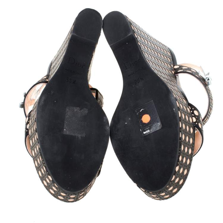 Pre Owned Dior Tricolor Cannage Leather Wedge Heel Open Toe Sandals Size 35.5