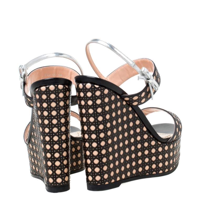 Pre Owned Dior Tricolor Cannage Leather Wedge Heel Open Toe Sandals Size 35.5