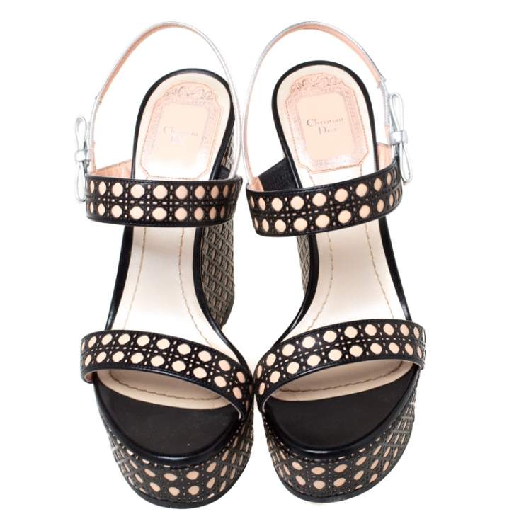 Pre Owned Dior Tricolor Cannage Leather Wedge Heel Open Toe Sandals Size 35.5
