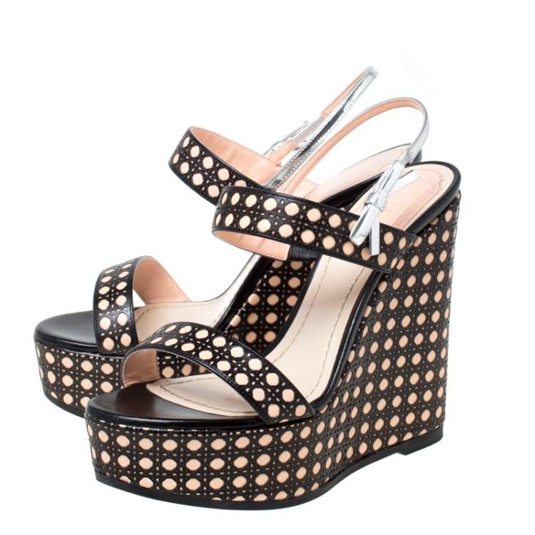Pre Owned Dior Tricolor Cannage Leather Wedge Heel Open Toe Sandals Size 35.5