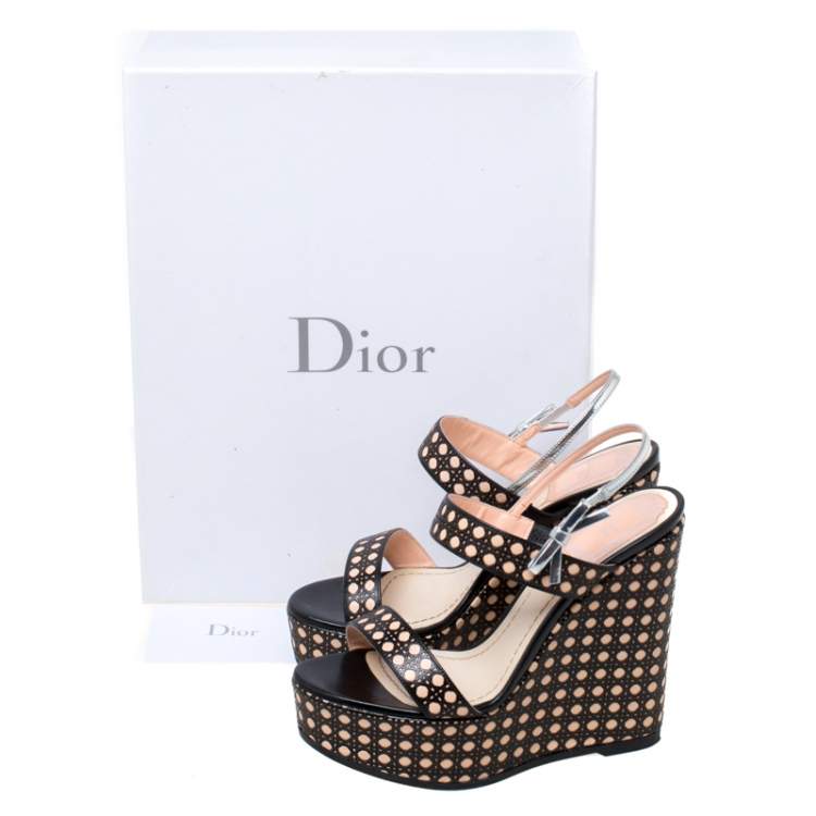 Pre Owned Dior Tricolor Cannage Leather Wedge Heel Open Toe Sandals Size 35.5