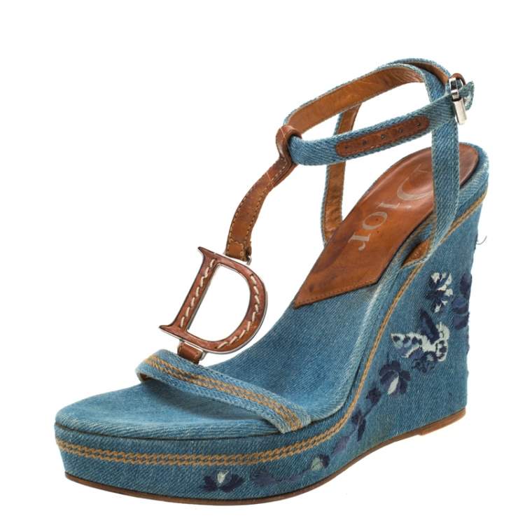Pre Owned Dior Blue Denim Embroidered Ankle Wrap Wedge Platform Sandals Size 36.5