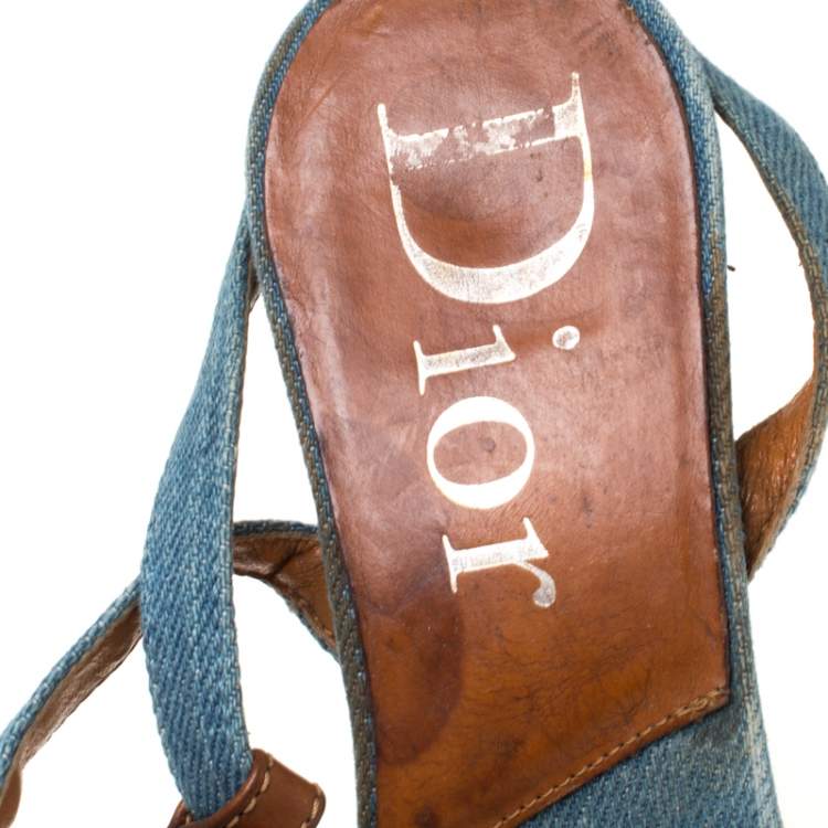 Pre Owned Dior Blue Denim Embroidered Ankle Wrap Wedge Platform Sandals Size 36.5